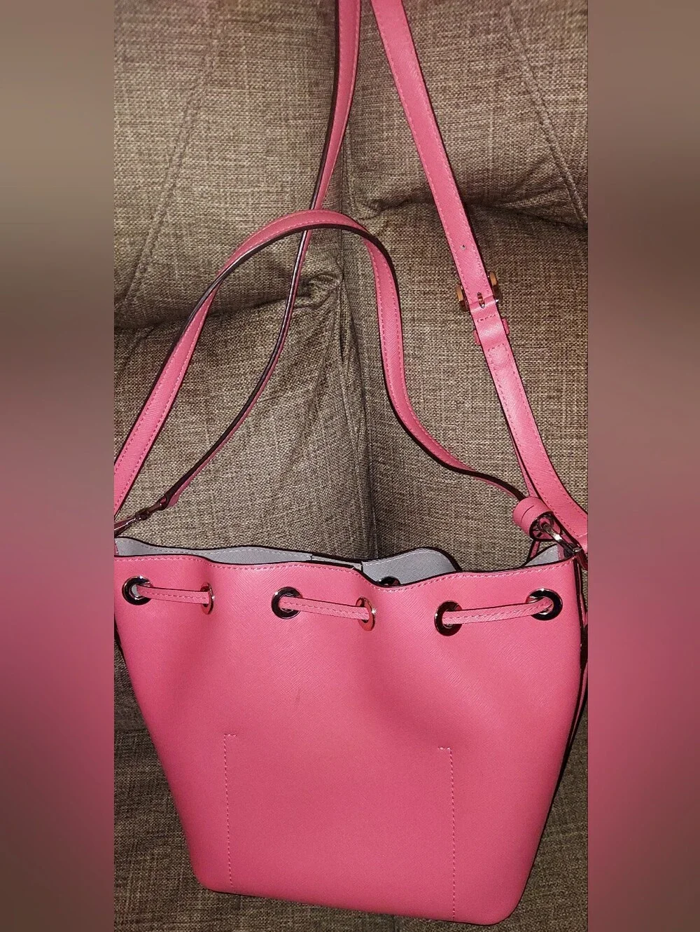 Michael Kors Coral Saffiano Drawstring Shoulder Bag with Gold Hardware
